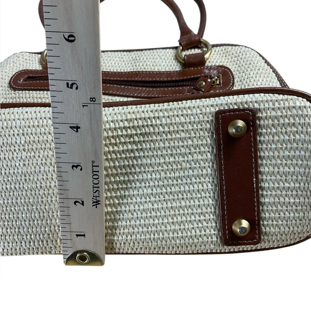 Giani Bernini Off-White Straw Top Handle Brown Leather Accent Satchel Purse Bag